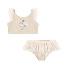 將圖片載入圖庫檢視器 Beige children's swimsuit set with ruffled top and bloomers on a white background