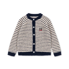 Load image into Gallery viewer, A children's knit cardigan sweater with horizontal navy and cream stripes, featuring a navy blue collar, button placket, cuffs, and hem, and a small embroidered cherry motif on the chest.