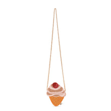 Load image into Gallery viewer, Small ice cream cone-shaped bag with a cherry on top hanging from a string against a white background.