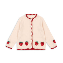 Load image into Gallery viewer, Cream-colored cardigan with red strawberry patterns on a white background
