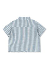 Load image into Gallery viewer, Blue and white striped shirt on a white background