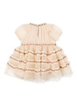 將圖片載入圖庫檢視器 Beige tulle dress with gold trim on a white background