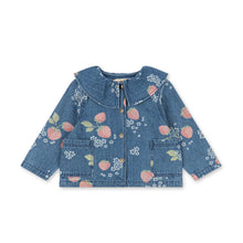 Load image into Gallery viewer, Blue denim jacket with floral pattern on a white background