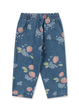 Load image into Gallery viewer, Blue denim pants with floral and fruit pattern on a white background