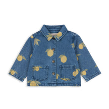 Load image into Gallery viewer, Blue denim jacket with yellow lemon patterns on a white background