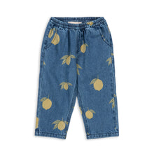 Load image into Gallery viewer, Blue denim pants with yellow lemon prints on a white background