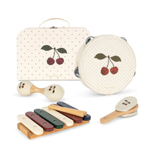 Load image into Gallery viewer, Set of children's musical instruments with a polka dot case featuring cherries on a white background.