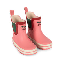 將圖片載入圖庫檢視器 Pair of pink rain boots with cherry design on a white background