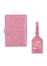 Load image into Gallery viewer, Pink glittery notebook and matching luggage tag with a unicorn design on a white background
