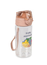 將圖片載入圖庫檢視器 Clear water bottle with rose gold lid and handle, featuring a fruit-themed design on a white background.