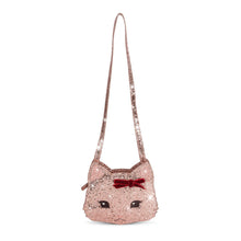 Load image into Gallery viewer, Pink cat-shaped sequin bag with a red bow on a white background