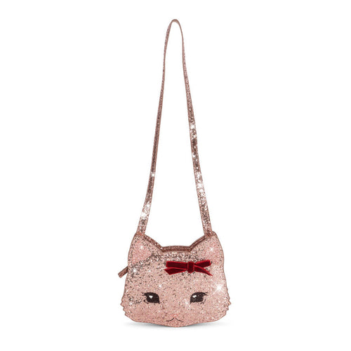 Pink cat-shaped sequin bag with a red bow on a white background