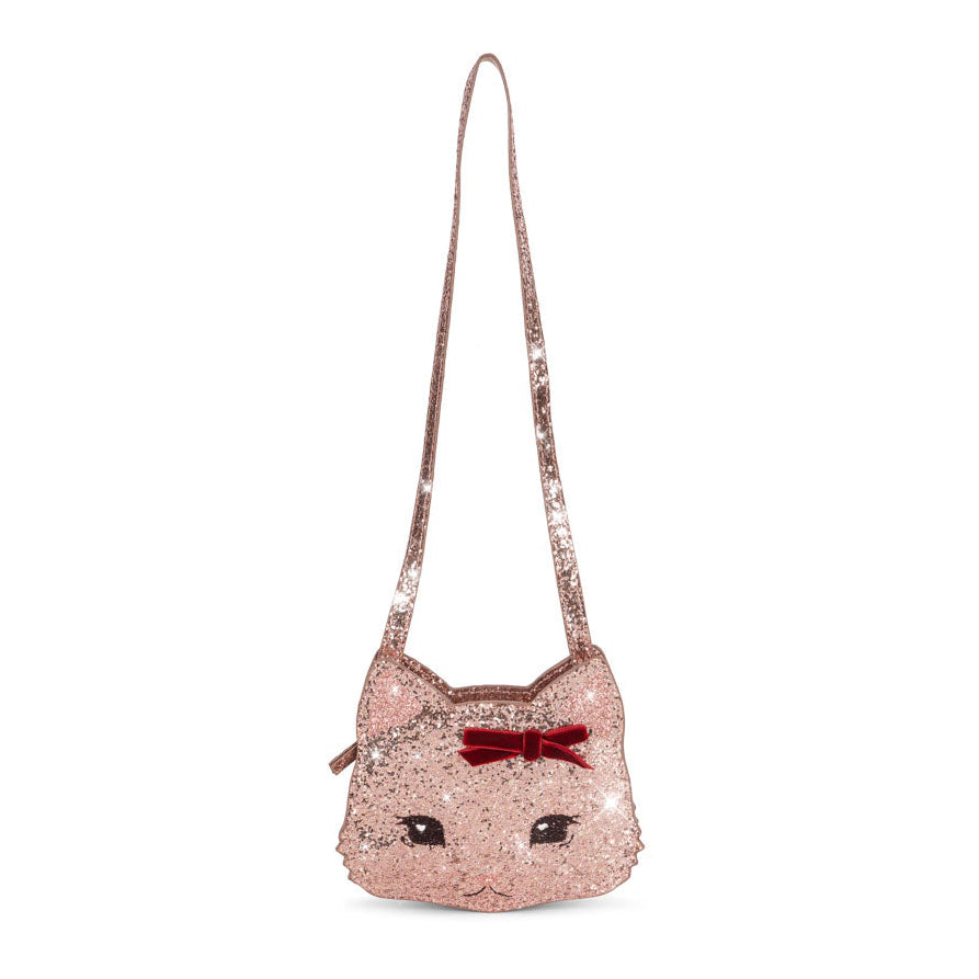 Pink cat-shaped sequin bag with a red bow on a white background