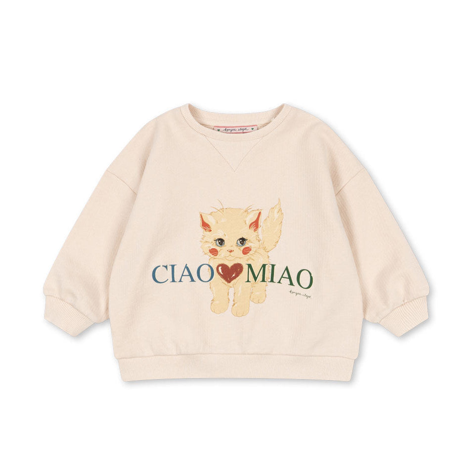 Beige sweatshirt with a cat illustration and 'CIAO MIAO' text on a white background