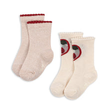 Load image into Gallery viewer, Two-pack of Konges Sløjd cherry and rose socks featuring colorful cherry and rose patterns on soft fabric.