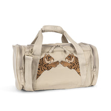 Load image into Gallery viewer, Beige duffel bag with tiger designs on a white background
