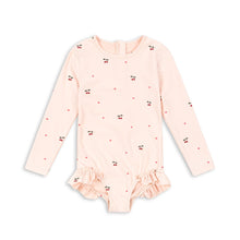 Load image into Gallery viewer, Pink children's swimsuit with ruffled details on a white background
