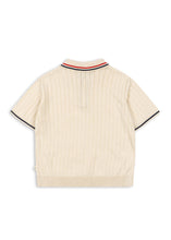 將圖片載入圖庫檢視器 Beige ribbed knit polo shirt with black trim on a white background