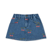 Load image into Gallery viewer, Blue denim skirt with cherry embroidery on a white background