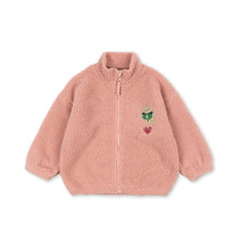 將圖片載入圖庫檢視器 A pink sherpa fleece zip-up jacket with a small embroidered green rose and red heart on the left chest, displayed on a clean white background.