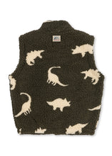 Load image into Gallery viewer, Dark green vest with beige dinosaur patterns on a white background