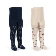 Load image into Gallery viewer, Two pairs of children's tights shown on invisible mannequin legs against a white background. The left pair is dark navy blue with small white polka dots.