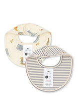 Load image into Gallery viewer, Two Baby Bjorn bibs on a white background, one with a cream background and animal print, and the other with thin navy horizontal stripes.