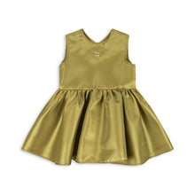 Load image into Gallery viewer, A sleeveless gold satin dress for toddlers, featuring a gathered waist and a small gold butterfly embellishment at the neckline, shown on a plain white background.
