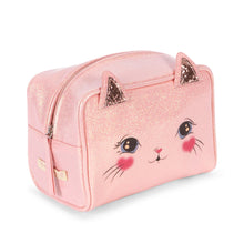 將圖片載入圖庫檢視器 A pink glitter cosmetic bag designed to look like a cat face, featuring embroidered or printed large black eyes, pink cheeks, whiskers, and pointed cat ears on top, shown on a white background.