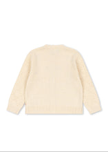 Load image into Gallery viewer, A cream-colored knit sweater shown from the back, featuring a solid ribbed collar, hem, and cuffs, with textured openwork knit sleeves, displayed on a clean white background.