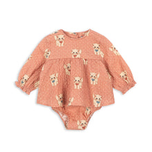 Load image into Gallery viewer, A baby long-sleeve romper in a dusty rose pink color, featuring an all-over print of small French Bulldog illustrations, laid flat against a white background.