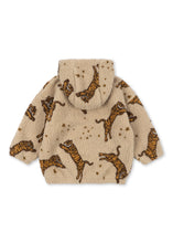 Load image into Gallery viewer, A beige sherpa fleece hooded jacket with an all-over print of orange and black tiger figures and small gold stars, shown against a plain white background.
