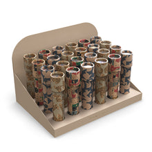 Load image into Gallery viewer, A cardboard display stand holding multiple rolled pieces of patterned craft or mailing paper, photographed on a clean white background.