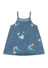 將圖片載入圖庫檢視器 A blue denim baby/toddler dress with thin shoulder straps and colorful sequined rainbow and flower appliques, shown flat against a white background.