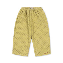 Load image into Gallery viewer, Yellow children's pants with a small black polka dot pattern and an elastic waistband, shown flat on a white background.
