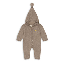 Load image into Gallery viewer, A baby's long-sleeve hooded romper in a heathered taupe-brown color, featuring a button-up front and a small embroidered bear logo on the left chest, shown against a plain white background.