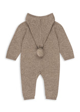 Load image into Gallery viewer, A baby's long-sleeve knit footless one-piece romper in a heathered taupe-brown color, featuring a hood with a pom-pom detail on the back, shown against a plain white background.