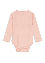 Load image into Gallery viewer, A light pink ribbed long-sleeve baby bodysuit shown from the back, laid flat on a white background.