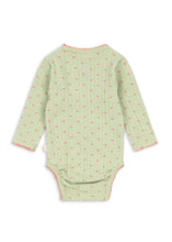 Load image into Gallery viewer, A light green long-sleeve baby bodysuit with a vertical ribbed texture and a small pink floral pattern, shown flat against a white background.