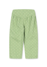 Load image into Gallery viewer, Light green cropped pants with a white polka dot pattern, featuring an elastic waistband and side pockets, shown flat on a white background.