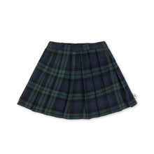 Load image into Gallery viewer, A pleated mini skirt in a dark green and navy blue tartan plaid pattern, shown flat against a solid white background.