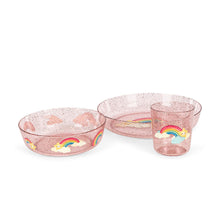 Load image into Gallery viewer, Set of pink children's tableware with rainbow designs on a white background