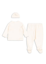 Load image into Gallery viewer, Baby clothing set with a long-sleeve shirt, pants, and hat on a white background