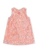 Load image into Gallery viewer, A sleeveless A-line dress for toddlers, featuring a textured, speckled pattern in shades of pink, peach, and white, shown flat on a white background.