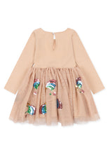 Load image into Gallery viewer, A long-sleeve beige dress for toddlers, featuring a solid knit bodice and a pleated tulle skirt decorated with colorful sequins and embroidered motifs.