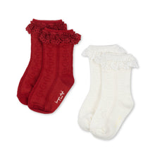 Load image into Gallery viewer, 2 pack pointelle frill socks - red/off white