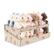 將圖片載入圖庫檢視器 A display box filled with small plush unicorn toys in multiple colors, including white, pink, beige, brown, and blue, on a plain white background.