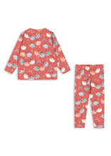 Load image into Gallery viewer, A two-piece children's pajama set featuring a long-sleeve top and matching pants in a dusty coral pink color, both printed with a playful pattern of cartoon owls, stars, and sparkles in light blue, white, and pink.