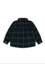 Load image into Gallery viewer, A long-sleeve plaid shirt shown from the back, featuring a dark green and black tartan pattern with button cuffs, displayed on a clean white background.