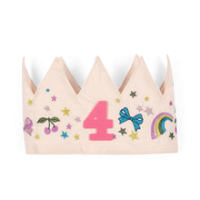 Load image into Gallery viewer, A light pink fabric party crown decorated with a large pink number 4, colorful embroidered stars, bows, cherries, and a rainbow, shown against a plain white background.